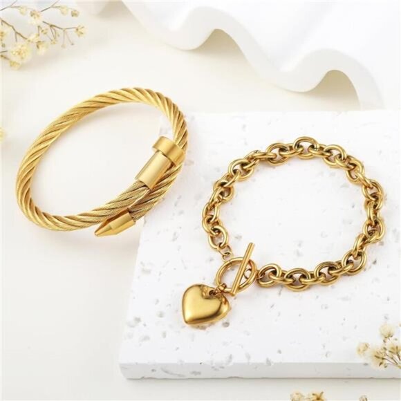 18K Gold Plated Nail Bracelet Set, Adjustable Stackable Bangles for Women - Picture 6 of 6